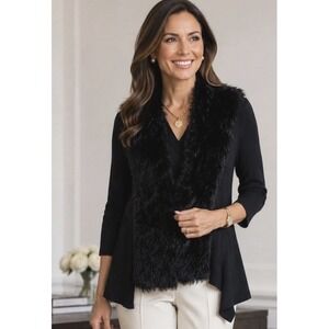 Once 1 Again Womens Aysmmetrical Faux Fur Ribbed Knit Sweater Size L Career Work